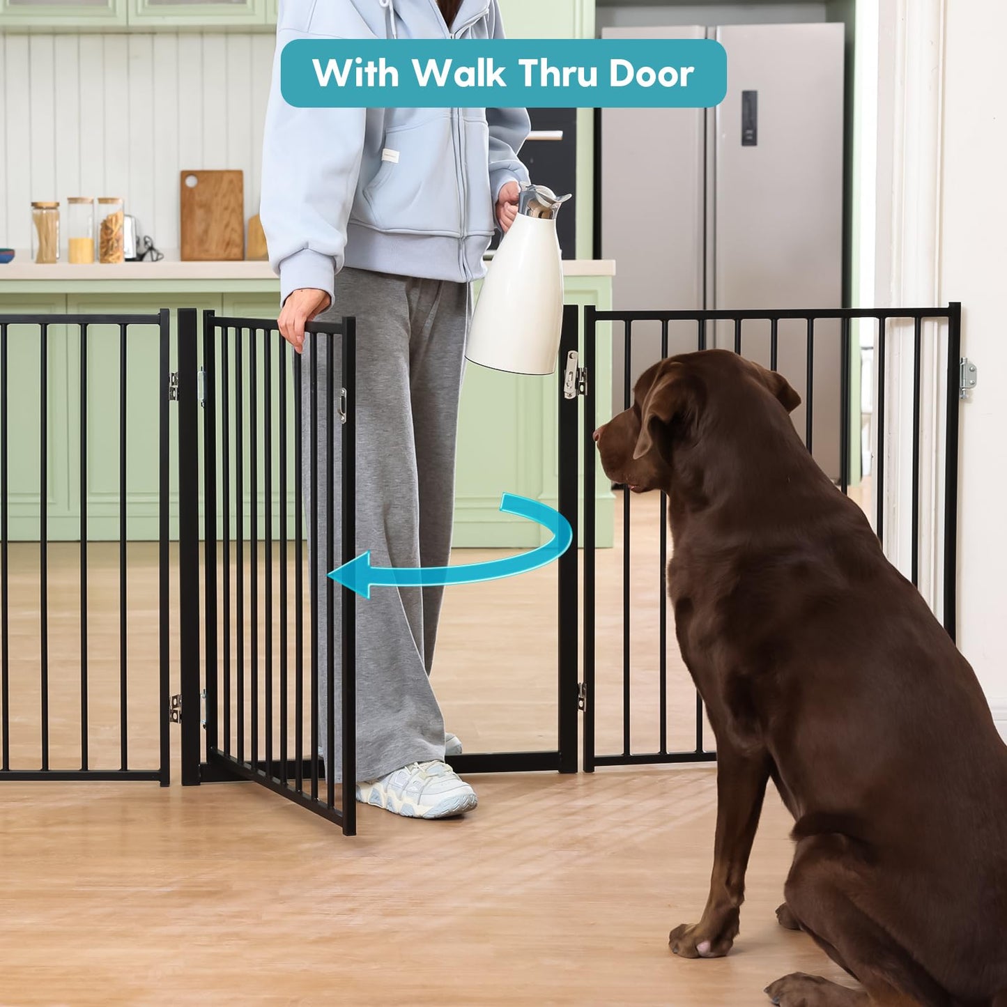 No Pawblems Free Standing Dog Gate with Door, 30'' Tall Foldable Dog Fence for Indoor & Outdoor, Up to 78 Inch Extra Wide Puppy Gate for Stairs, Hallways, Doorways, Deck, Yard (Black, 3 Panels)