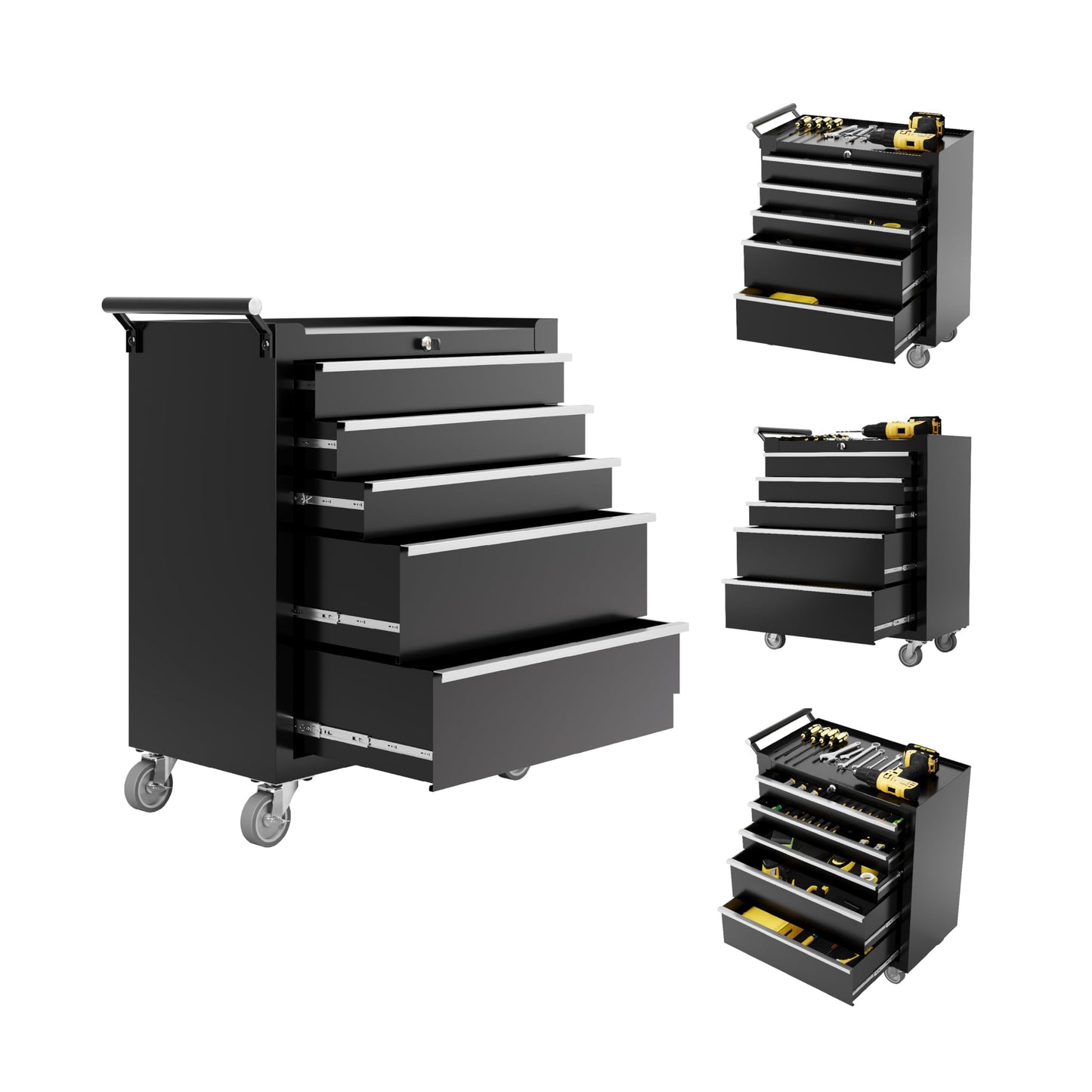SierraSquad Rolling Tool Chest, 5-Drawer Tool Storage Cabinet, Tool Box with Wheels, Lock System and Drawer Liners, Tool Cart for Warehouse, Workshop and Repair Shop, Black