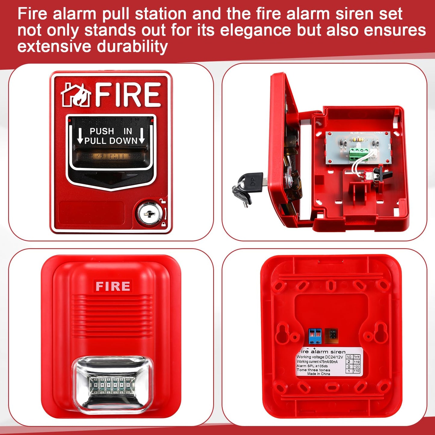 Relaxweex 4 Pcs Fire Alarm Pull Station Fire Warning Siren 12/24V DC Sound and Light Emergency Alarm Dual Action Manual Call Point with Key Security Horn Buzzer for Home or Office