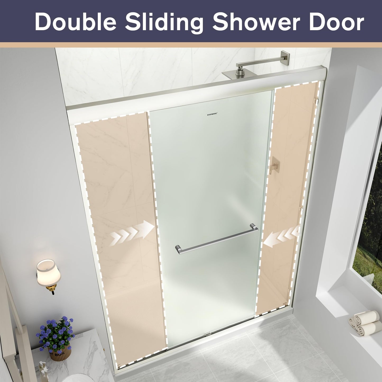 EASYWORC Double Sliding Shower Door, 43"-48" W x 70" H Semi-Frameless Frosted Shower Door, 1/4'' (6mm) Frosted SGCC Tempered Glass with Nano Coating and Explosion-Proof Film, Brushed Nickel