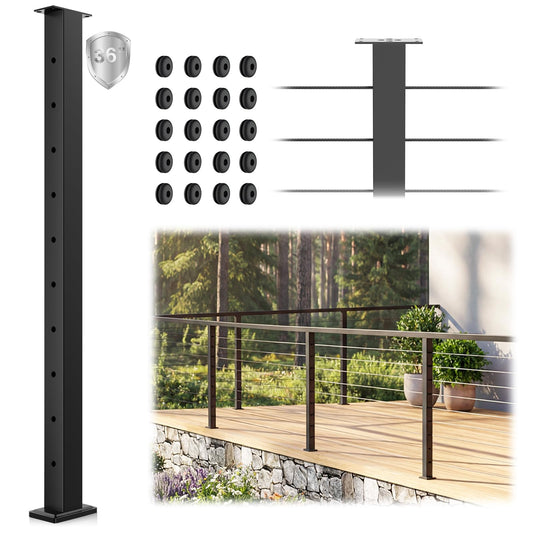 Gyykzz 36" Black Cable Railing Post, Fixed Top Level Drilled Line Post with Cable Grommets, Surface Mount T304 Stainless Steel Wire Railing Handrail Post for Indoor Outdoor Deck Cable Railing System