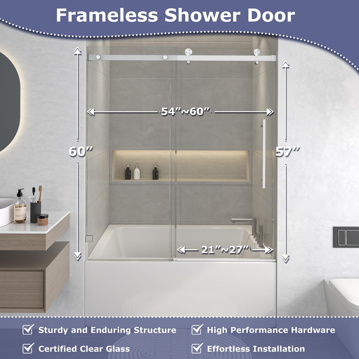 YSTISUON Brushed Nickel Frameless Single Sliding Bathtub Shower Door, 54"-60" W x 60" H, 5/16"(8mm) Clear Tempered Glass with Explosion-Proof Film, Water Repellent EZ Clean Bath Glass Door for Tub