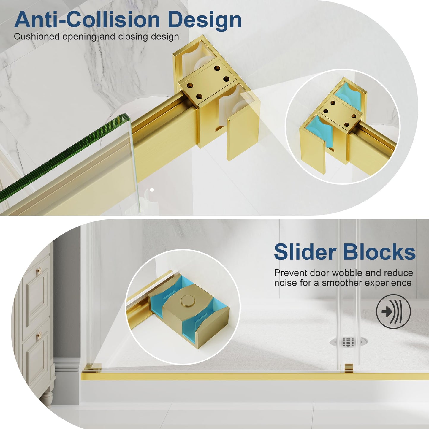 EASYWORC Frameless Double Sliding Shower Doors, 49-54" W x 76" H Shower Glass Door, 1/4" (6mm) Thick ANSI Certified Tempered Glass with Explosion-Proof Film and Nano Coating, Brushed Gold
