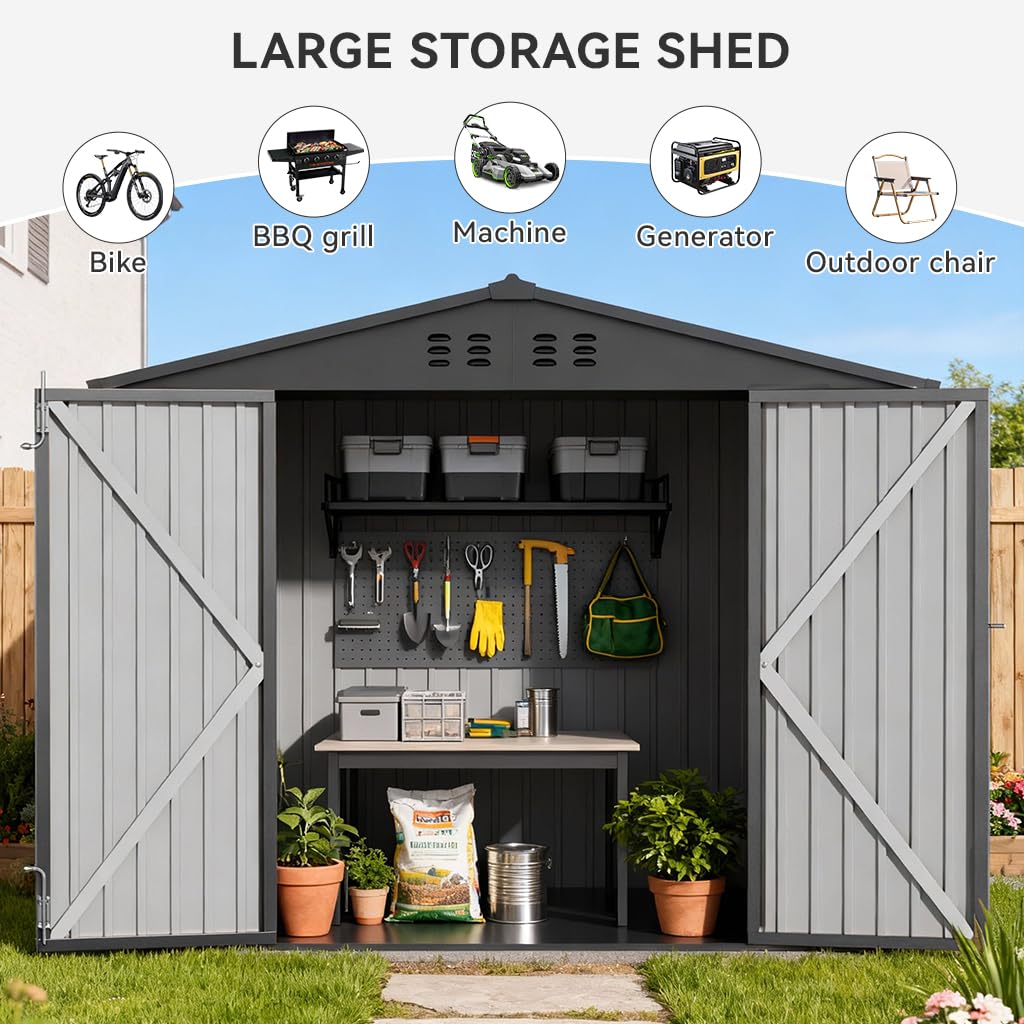 COMHOMA Shed Storage Outdoor Metal Windowed Lockable Weatherproof Ventilated Backyard Garden Utility Workshop(Grey,8'*6')