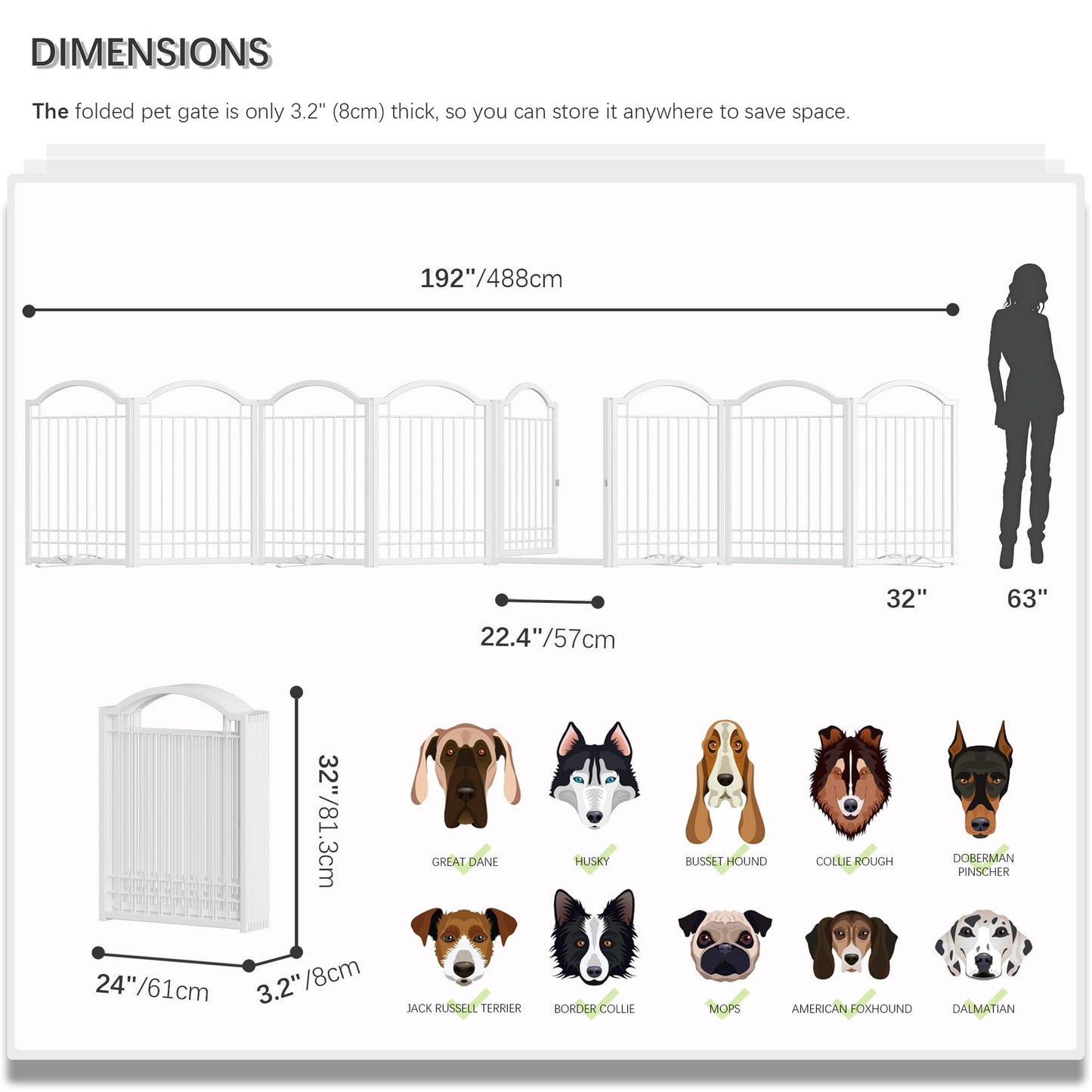 4NM Metal No Drilling Expandable Dog Gate, Extra Wide 192", Extra Tall 32" Free Standing Pet Gate with Door, Gates for Dogs Outdoor or Indoor, with 4PCS Support - White