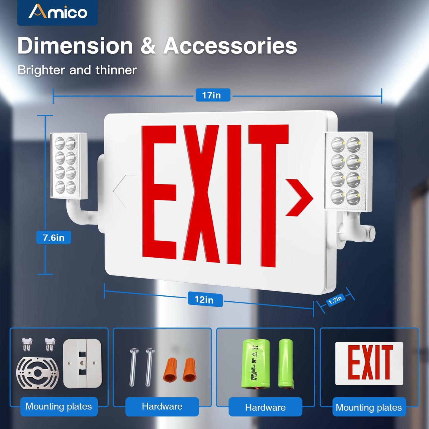 Amico 12 Pack Red Double-Sided Exit Sign with Emergency Lights, Adjustable LED Emergency Exit Lights with Battery Backup, Hard Wired,UL Certified, AC 120/277V