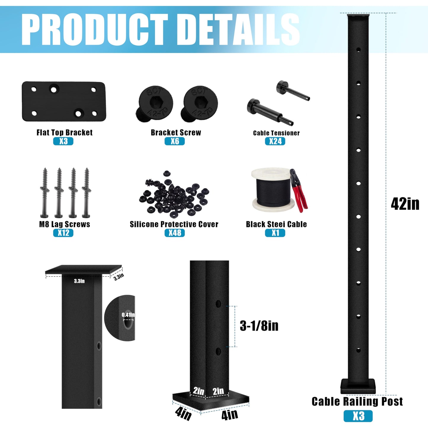 Patavin 10FT 42" Complete Black Cable Railing Post Kit 3 line Post Kit -Cable Railing System for Deck Easy DIY (No Handrail)