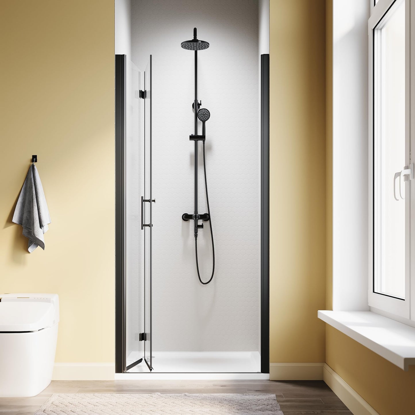 SL4U Bifold Shower Door, 34" W x 72" H, 1/4" Tempered Glass Shower Door, Foldable Shower Glass Door, Easy to Clean, Matte Black Finish