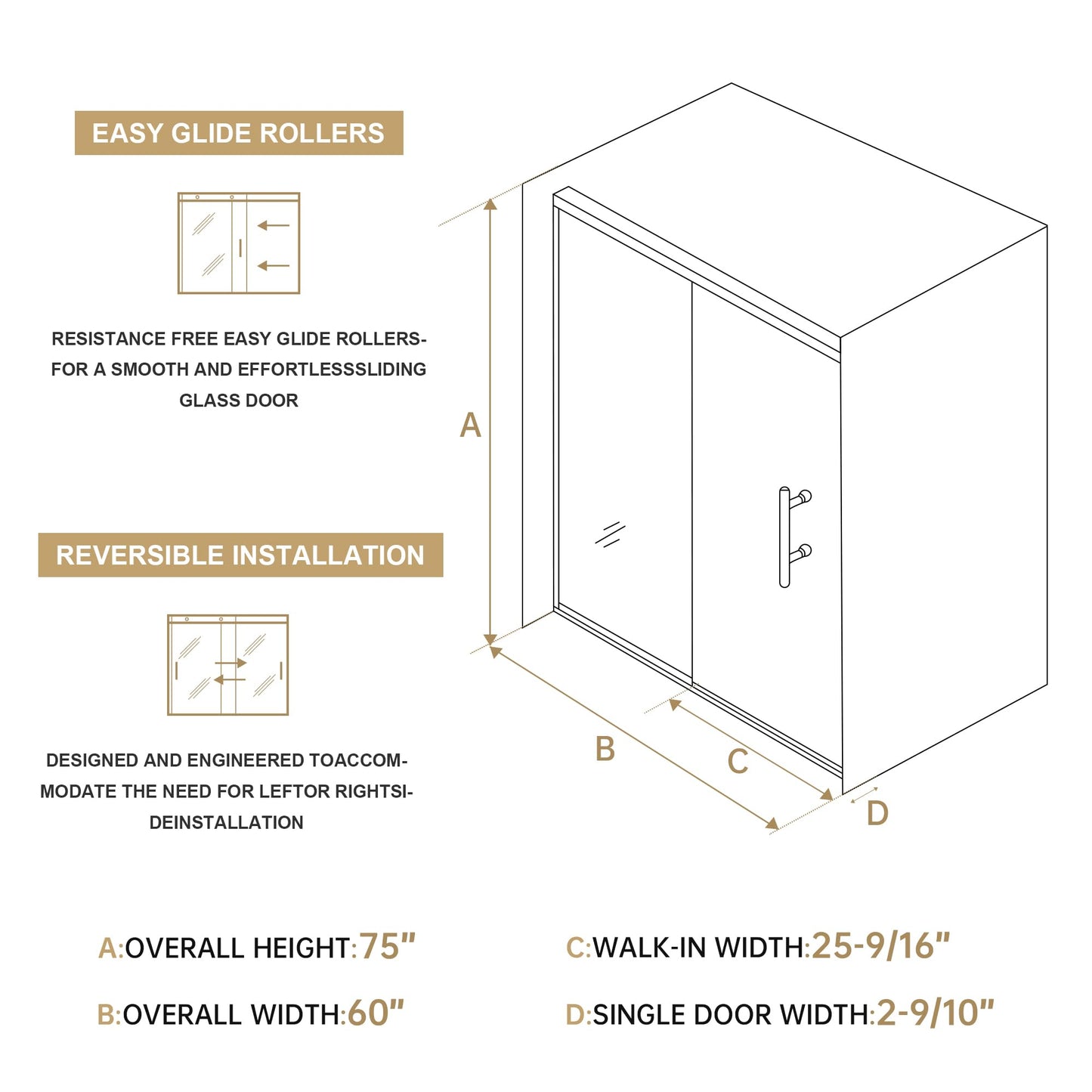 Frameless Sliding Shower Door 56-60 in W x 75 in H,Frameless Shower Door with 5/16" (8mm) Clear Tempered Glass,Silent Soft-Close Design,Brushed Nickel