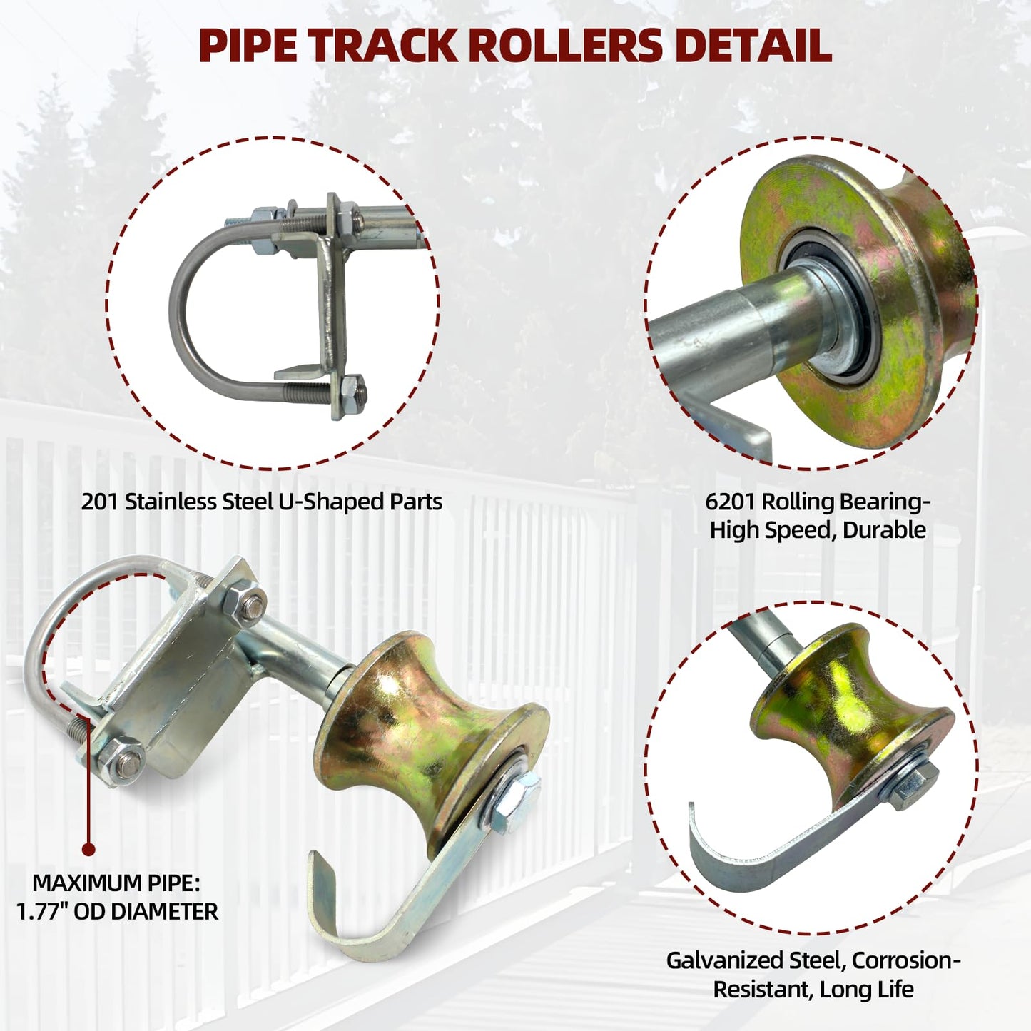 Rolling Gate Hardware Kit for Farm, Fence Gates, Rolling Gates- Includes 6" Double Wheel Carrier, 6 Universal Track Drackets, 2 Pipe Track Rollers, 1 Set Gate Latch, 2 Sets of Wrenches