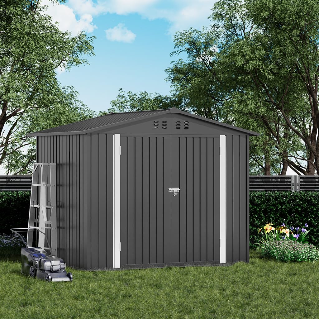 COMHOMA Shed Outdoor Storage Shed Metal,Lockable Doors Tool Sheds with Sloping Roof,Steel Garden Shed with Air Vent for Backyard,Patio,Lawn,Poolside(Grey,8'x6')