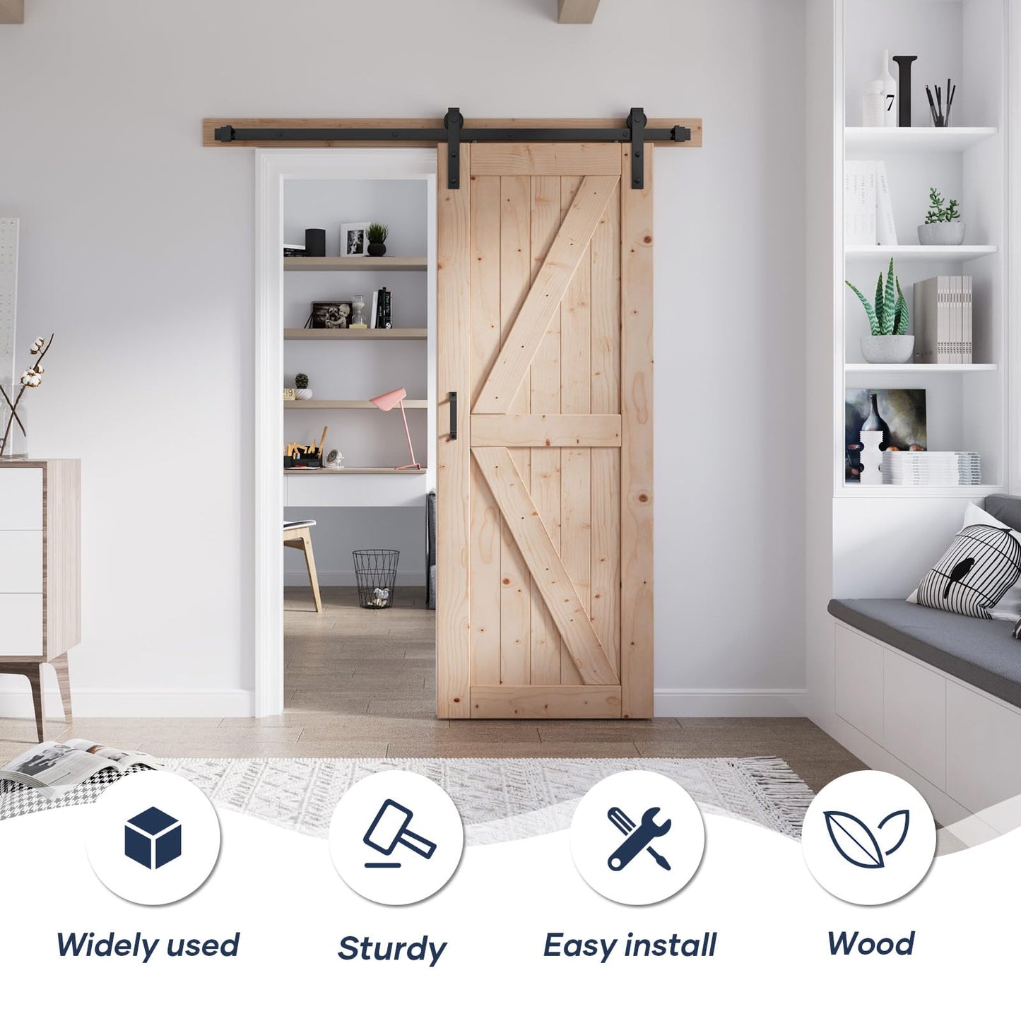 FREDBECK 32in x 80in Sliding Barn Door with 5.5FT Barn Door Hardware Kit Included Wood K Shape Solid Spruce Panel Need to Assembly