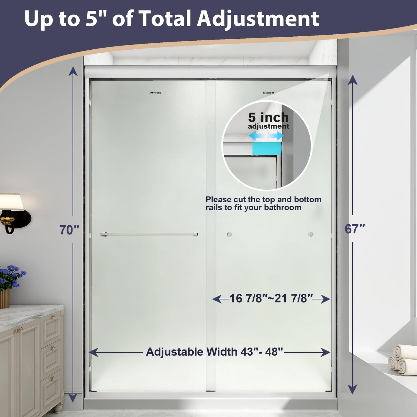 EASYWORC Double Sliding Shower Door, 43"-48" W x 70" H Semi-Frameless Frosted Shower Door, 1/4'' (6mm) Frosted SGCC Tempered Glass with Nano Coating and Explosion-Proof Film, Brushed Nickel
