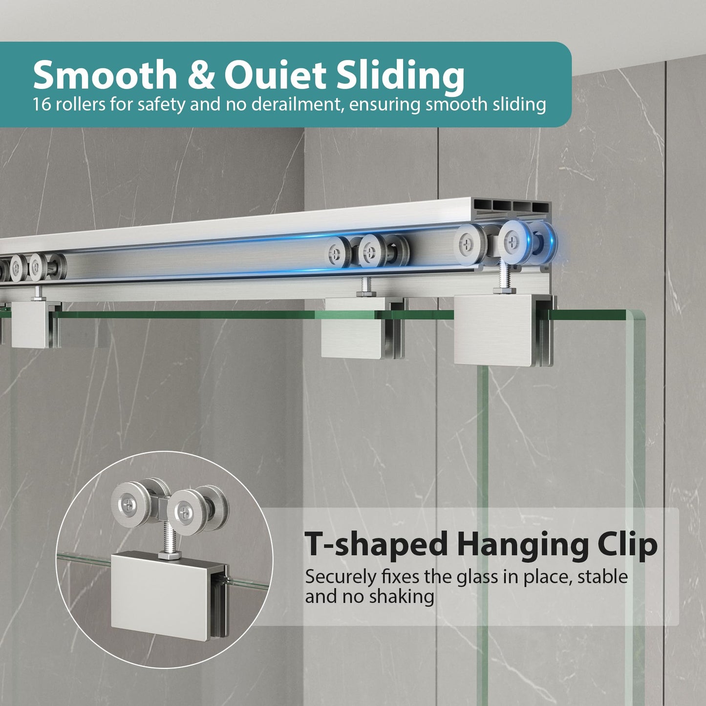 KPUY Glass Shower Door, 49-54" W x 76" H Semi-Frameless Double Sliding Shower Door, 1/4" (6mm) Thick Tempered Clear Glass with Explosion-Proof Film Nano Coating, Brushed Nickel