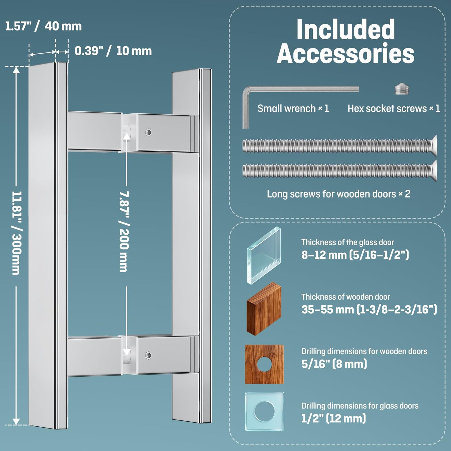 Ranbo H-Shaped 12" Rectangle Push Pull Door Handle,Back to Back,200mm (7-7/8 inch) CTC,1.2 mm Thick 304 Stainless Steel,for Barn Front Wood Shower Commercial Entrance Door,Polished Chrome