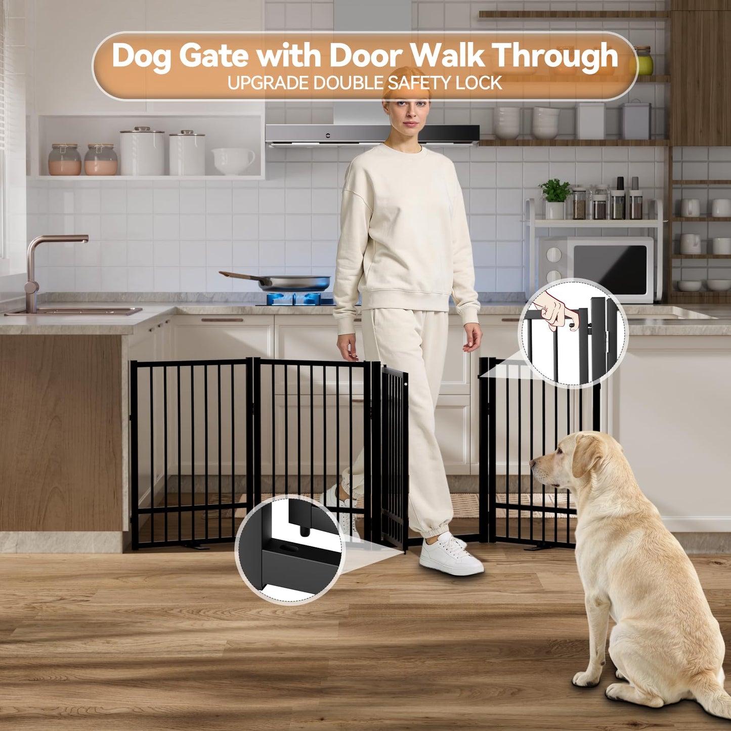 SNUOWU Full Metal Freestanding Dog Gate with Door, 32''Height Foldable Pet Dog Fence for Indoor & Outdoor, 4 Panels Extra Wide Free Standing TallDog Gates for Doorways,House,Stairs,Porch,Deck,Yard