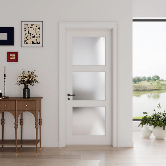 28"x 80" 3-Lite Frosted Glass French Interior Slab Door, Solid Core Wood with MDF Door Panel for Bedroom Closet Laundry Pantry Bathroom White Pre-Finished Surface Paintable, w/o Hardware