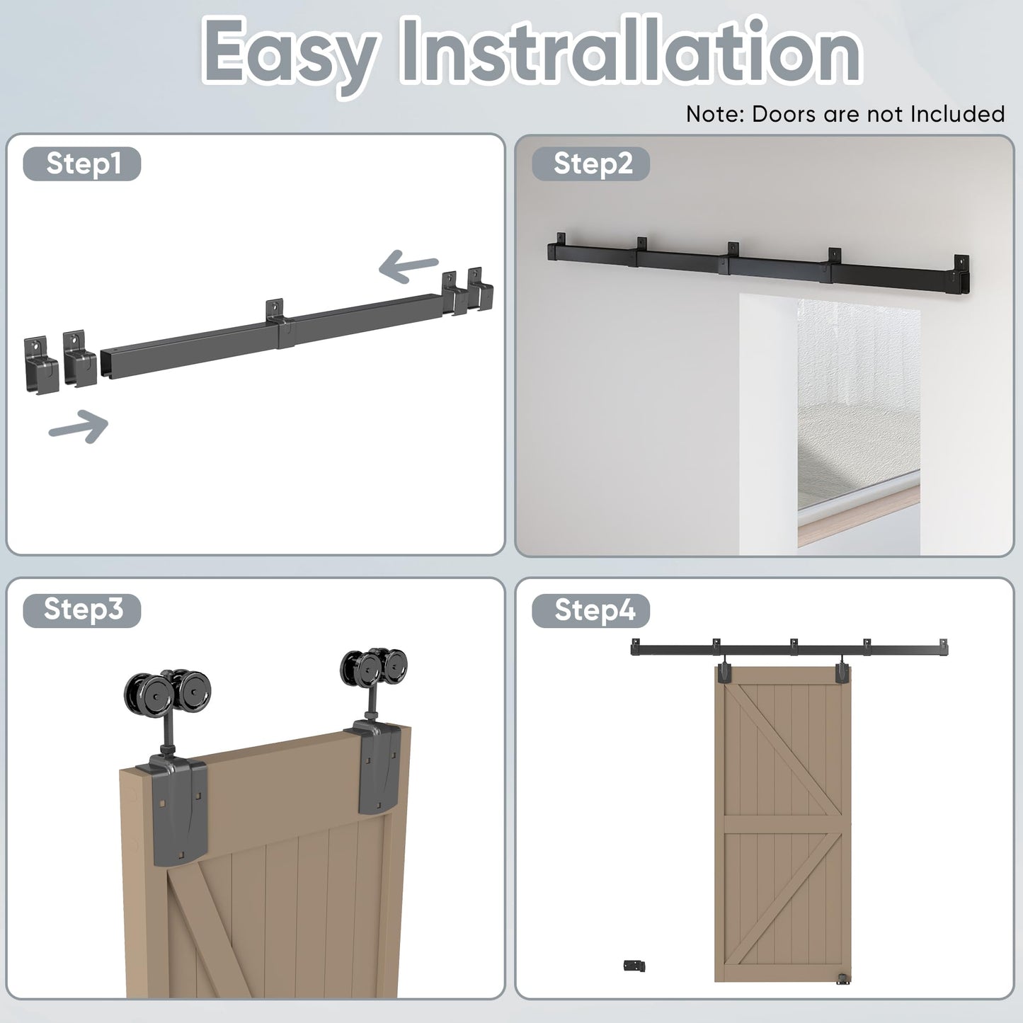 JUBEST 16FT Box Rail Exterior Barn Door Hardware Kit, Heavy Duty Sliding Door Track Kit Wall Mount Door Hardware Kit for Two Doors System(Doors Not Included), Black
