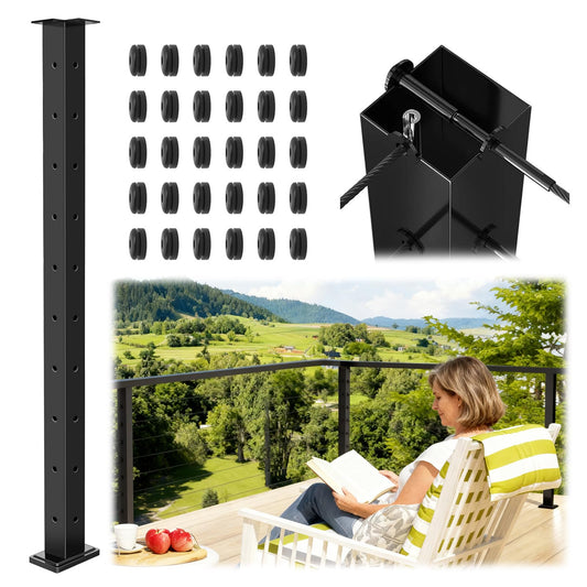 Zylorix 36" Swageless T-drilled Cable Railing Corner Post for Deck Cable Railing, T304 Stainless Steel Three Sides 90° Corner Deck Post with Upgraded Black Powder Coating for Indoor Outdoor Porch