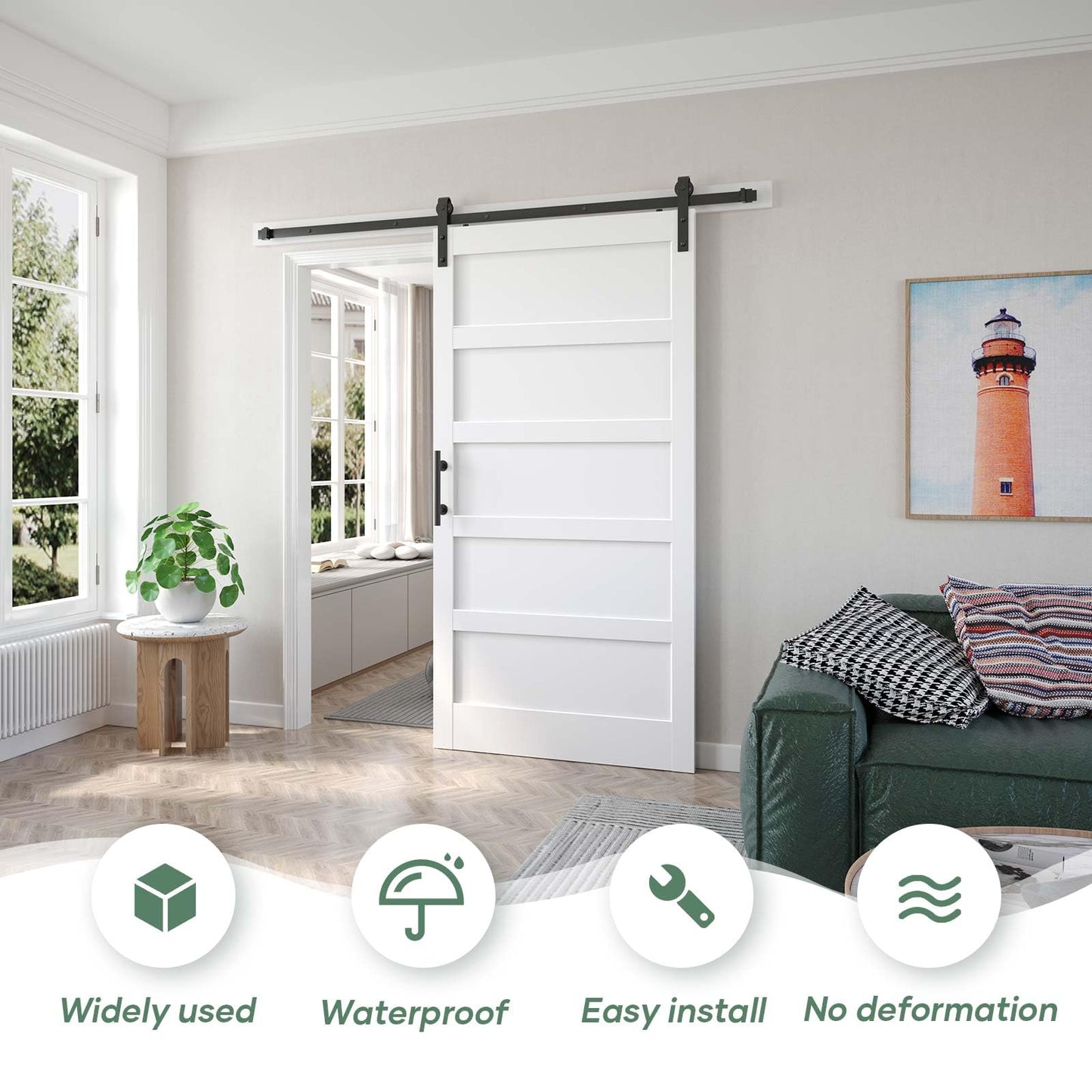 Fredbeck 42x84 inch White Barn Door with 7FT Sliding Door Hardware Kit Included & Handle,MDF,Solid PVC Surface,DIY Assembly,5-Panel,Fit 38in-41in Opening