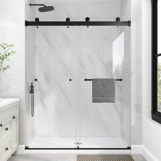KPUY Frameless Shower Door, 49-54" W x 76" H Double Sliding Glass Shower Door, 1/4" (6mm) Thick Tempered Clear Glass with Explosion-Proof Film Nano Coating, Matte Black