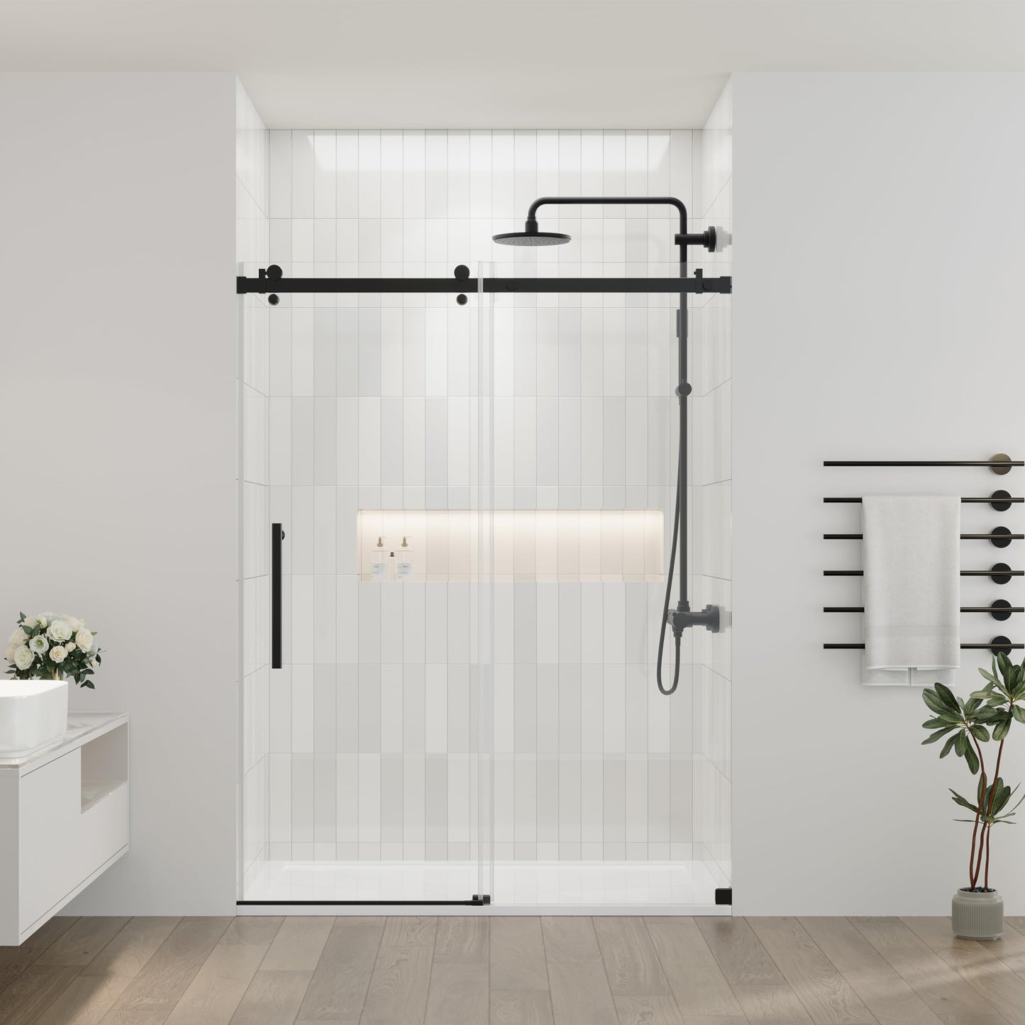 DELAVIN 56-60.in W x 75.in H Frameless Shower Door, Water Repellent Black Shower Door with SGCC Certified Clear Tempered Glass, Easy Sliding Showe Door with Explosion-Proof Film, Stainless Steel