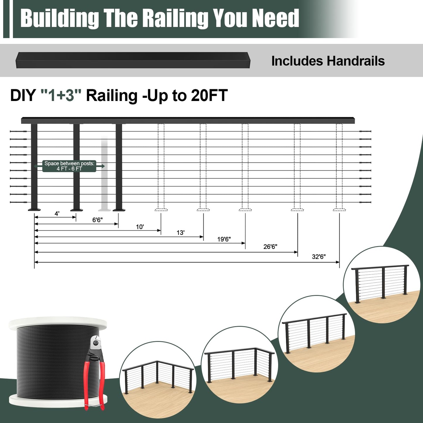 BLIKA 6'6"-13FT Complete Set 36" Cable Railing Post Kits, Surface Mount Deck Cable Railing System with Handrail & Swageless Tensioner, Pre-Drilled Black Stainless Steel Cable Railing Posts