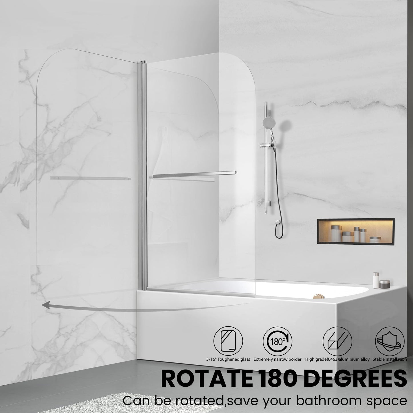 Tub Shower Door, Bathroom Shower Glass Door 34 * 58 Inch Frameless Bathtub Shower Screen with Tempered Glass (6mm), Polished Silver Finish and Door Handle