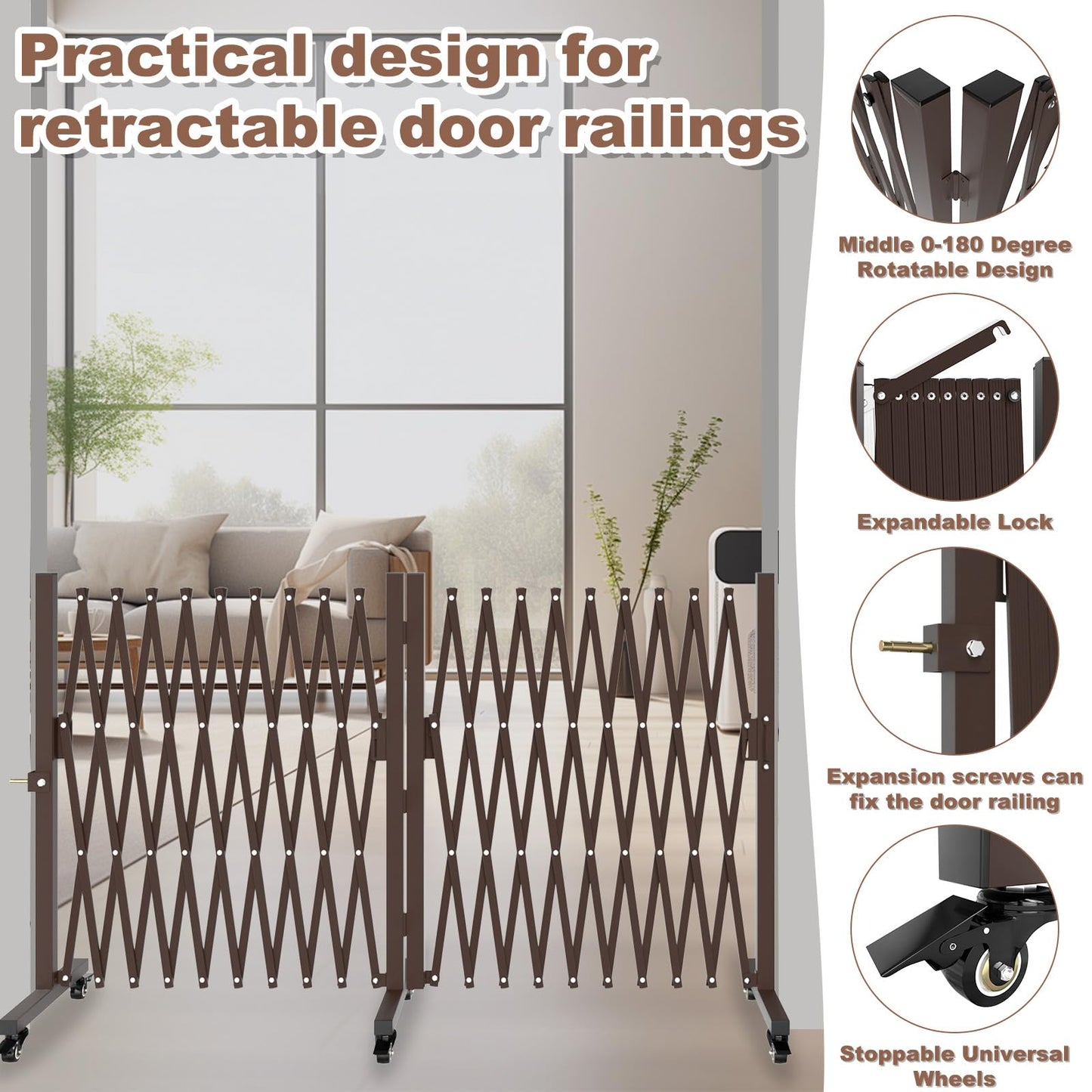 THEYFIRST Expandable Driveway Gate with Casters, Portable Metal Folding Security Gate, 209" Wide Aluminum Garden Fence, Outdoor Dog Fence for Yard in Coffee, 39.76 * 213