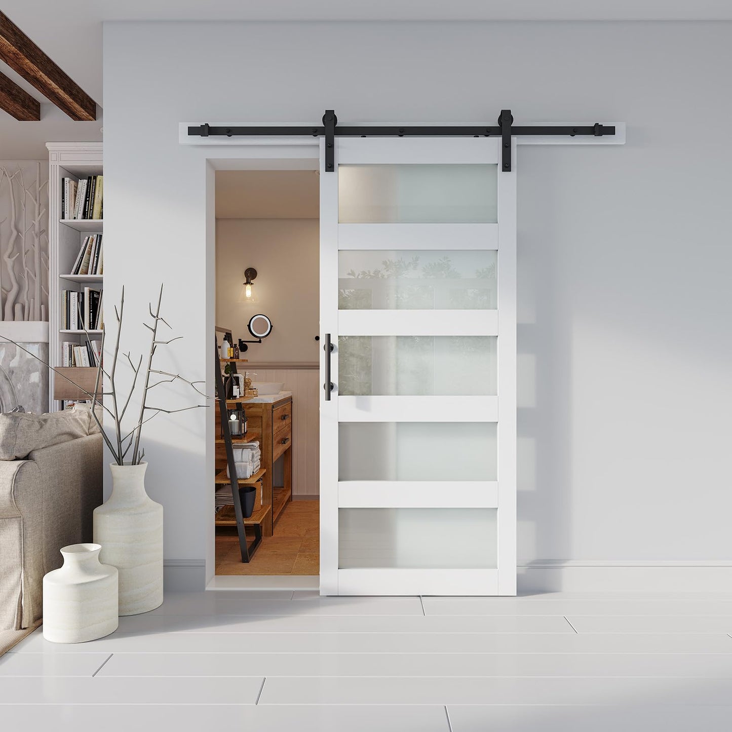 ALAMEDADT 36'' x 84'' Glass Barn Door and 6.6 Ft Hardware Kit Included, MDF White Barn Door Slab with Frosted Glass, PVC Surface, Combined with Handle and Floor Guide-Assembly Required, White