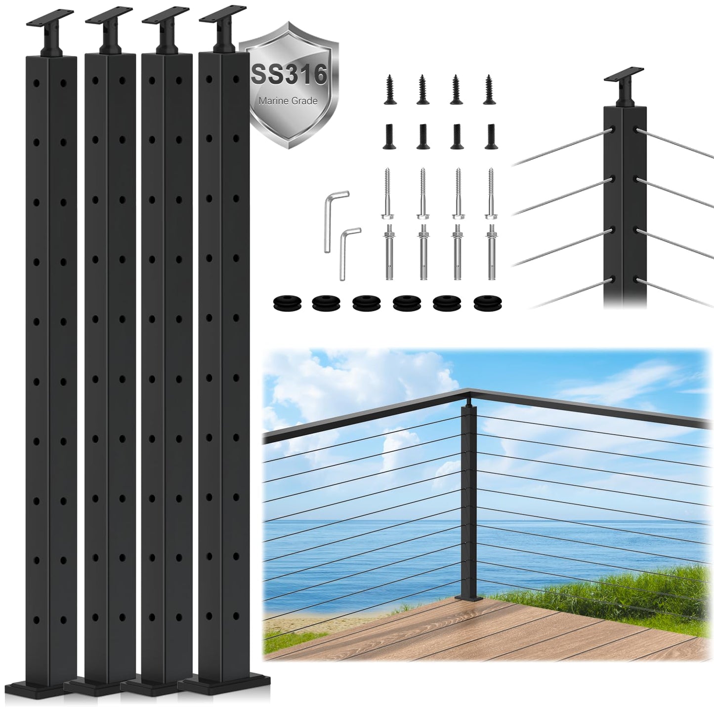 Zylorix 4Pack SS316 Cable Railing Corner Post 36" (Post 35"x2"x2") for Coastal Lake, 90° Drilled Railing Post with Cable Grommets, Adjustable Top Stainless Steel Black Finish L-drilled Staircase Post