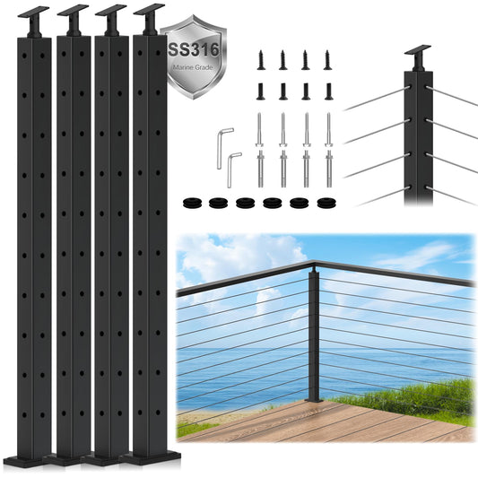 Zylorix 4Pack SS316 Cable Railing Corner Post 36" (Post 35"x2"x2") for Coastal Lake, 90° Drilled Railing Post with Cable Grommets, Adjustable Top Stainless Steel Black Finish L-drilled Staircase Post