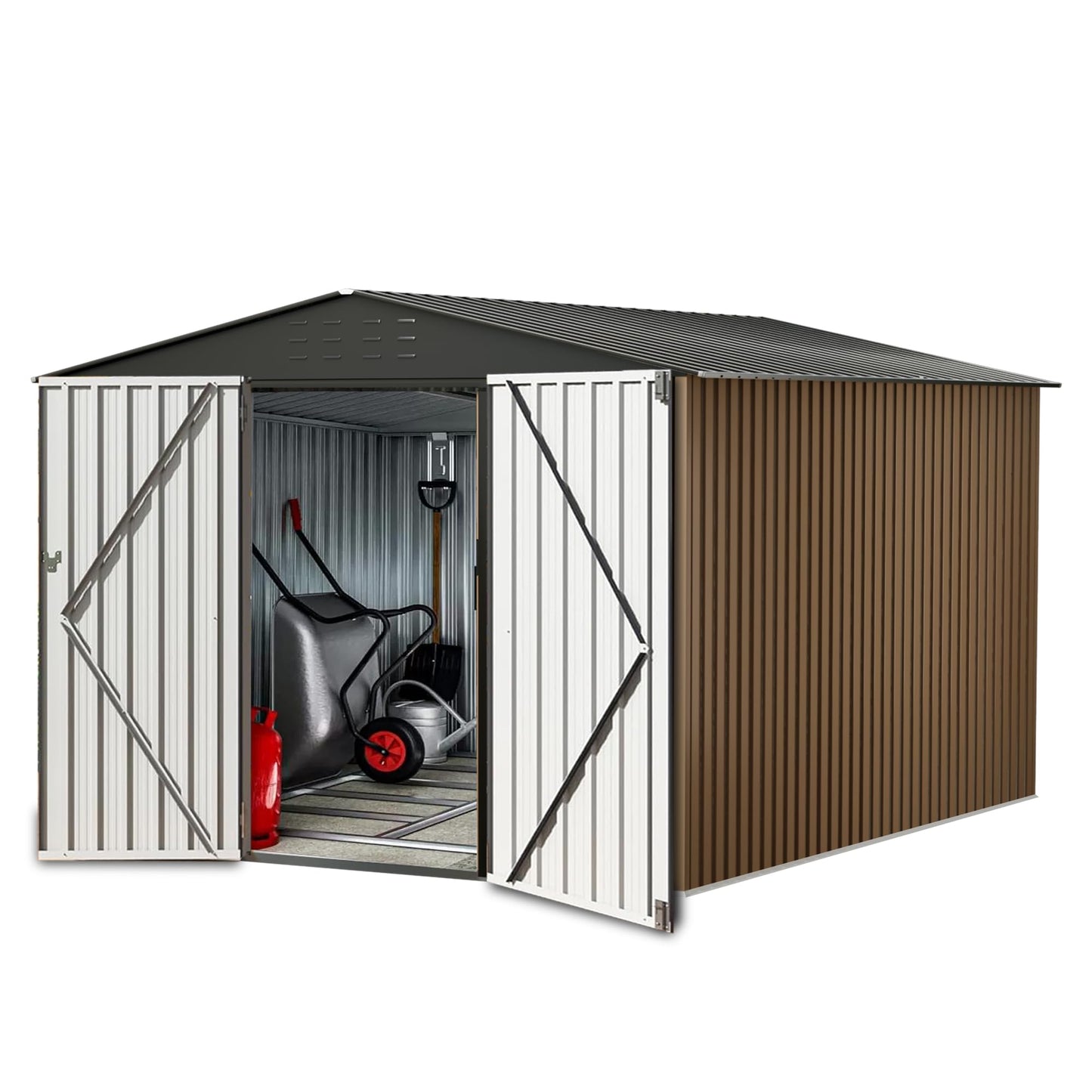 8X12FT Outdoor Metal Storage Shed, Lockable Weatherproof Garden Shed for Tools & Equipment, Durable Galvanized Steel with Sloping Roof & Ventilation, Ideal for Backyard, Patio & Garage Storage, Brown