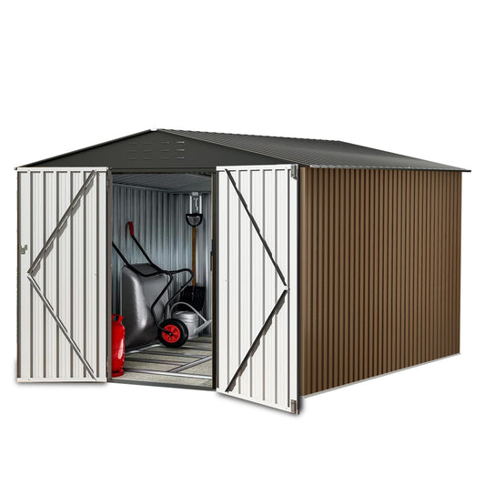 8X12FT Outdoor Metal Storage Shed, Lockable Weatherproof Garden Shed for Tools & Equipment, Durable Galvanized Steel with Sloping Roof & Ventilation, Ideal for Backyard, Patio & Garage Storage, Brown