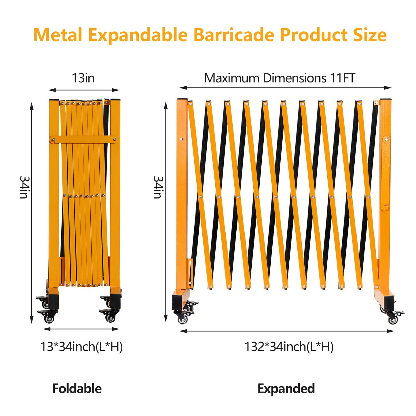 LTSEAME 11FT Industrial Expandable Barricade Folding Security Gate with Wheels,Retractable Driveway Gate with Aluminum Fence(Yellow, 11FT)