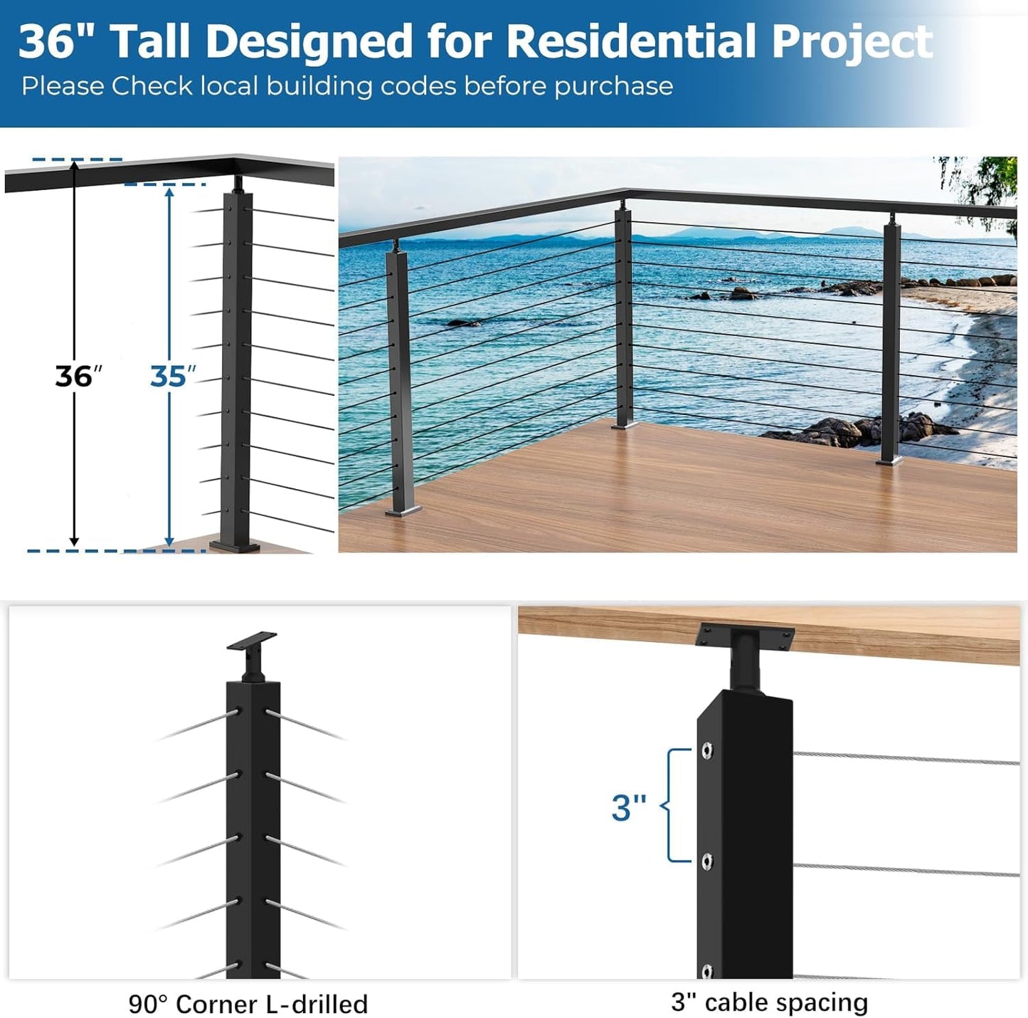 Zylorix 4Pack SS316 Cable Railing Corner Post 36" (Post 35"x2"x2") for Coastal Lake, 90° Drilled Railing Post with Cable Grommets, Adjustable Top Stainless Steel Black Finish L-drilled Staircase Post
