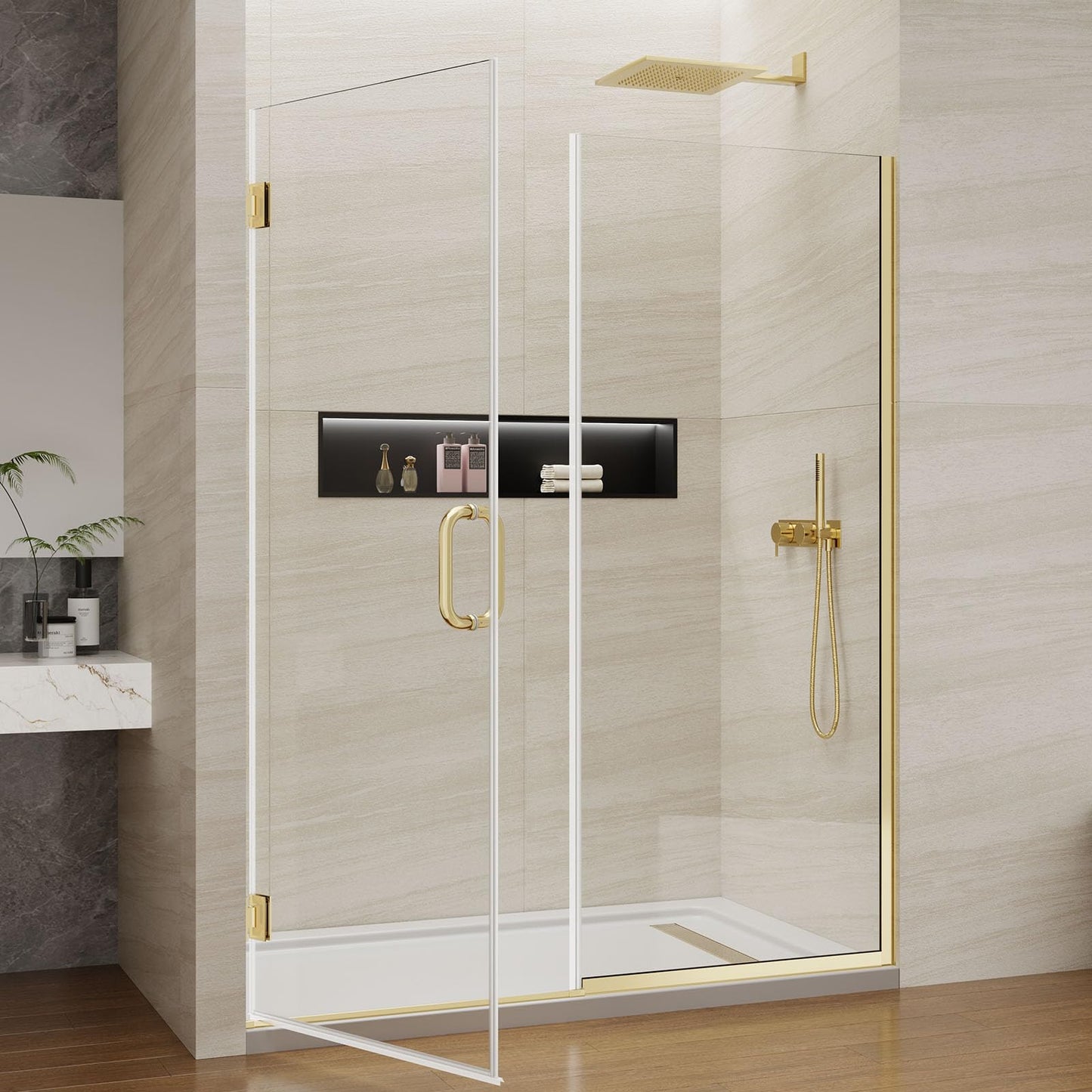 Pivot Swing Shower Door, Adjustable Width 59-60" W x 74" H Semi-Frameless Shower Glass Door with 5/16 in (8mm) Clear SGCC Tempered Glass with Nano Easy-Clean Coating (Brushed Gold)