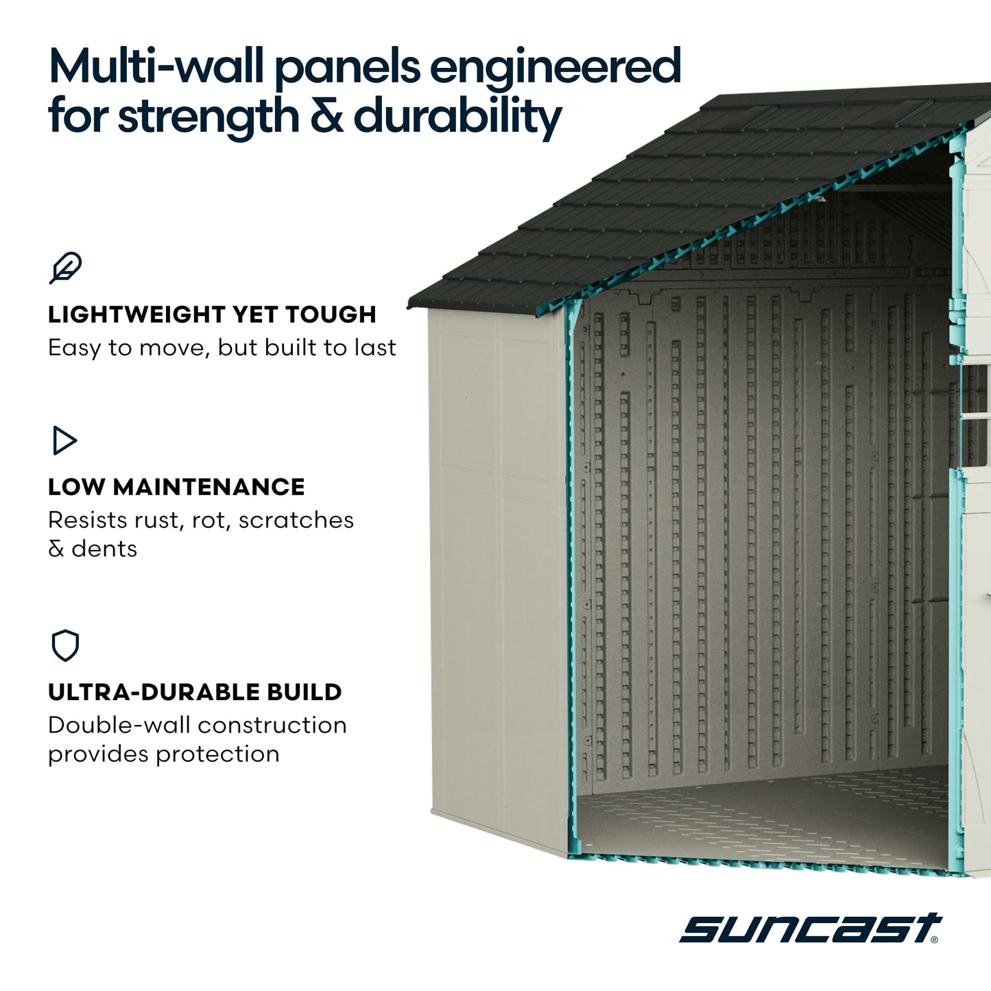 Suncast 8x7 Ft. Outdoor Storage Shed - Large Resin Shed with Floor, Lockable Double Doors, & Skylights. 378 Cu Ft Tremont Garden Sheds & Outdoor Storage for Lawn Tools, Riding Mowers, Bikes, & More