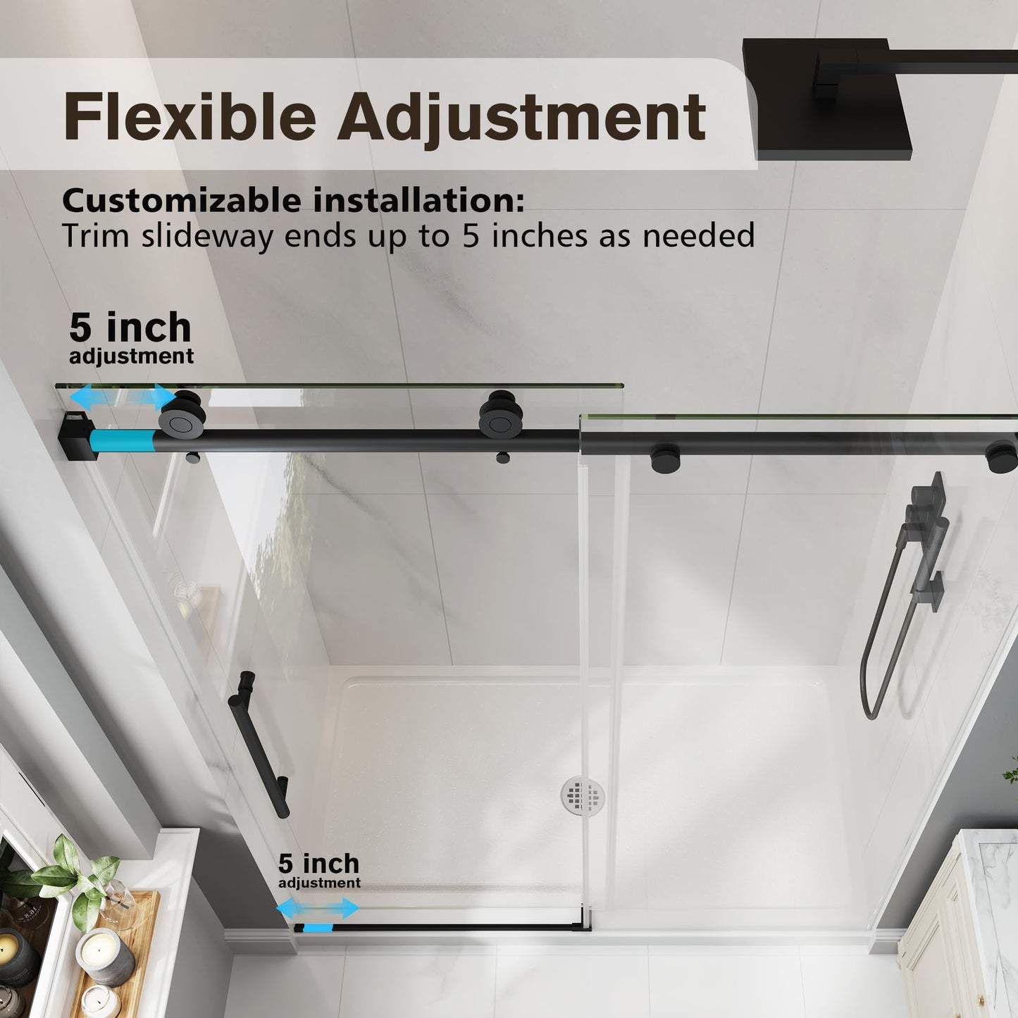 EASYWORC Frameless Glass Shower Door, 43-48" W x 76" H Sliding Frameless Shower Door, 1/4''(6mm) SGCC Tempered Glass, Explosion-Proof Film Nano Coating, Stainless Steel Hardware, Matte Black