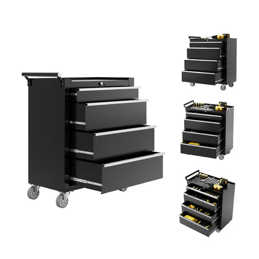 IDEALHOUSE Rolling Tool Chest, 4 Drawers Tool Storage Cabinet, Toolbox with Wheels, Portable Tool Cabinet Organizer with Locking System & Drawer Liners, Tool Storage Cart for Garage, Workshop, Black