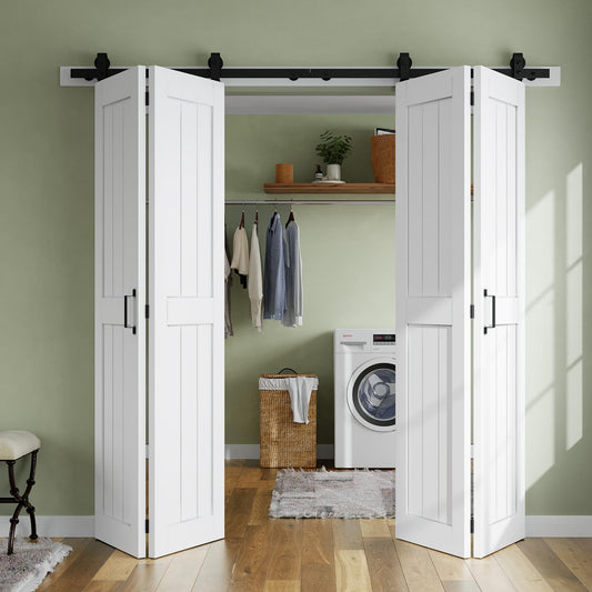 SMARTSTANDARD Bifold Barn Door 48'' x 84'',Bi-Fold Sliding Closet Doors with Hardware Kit Included,56'' Track Kit for 4 Doors,Waterproof & Quiet,Pre-Drilled Holes Easy Assembly,White