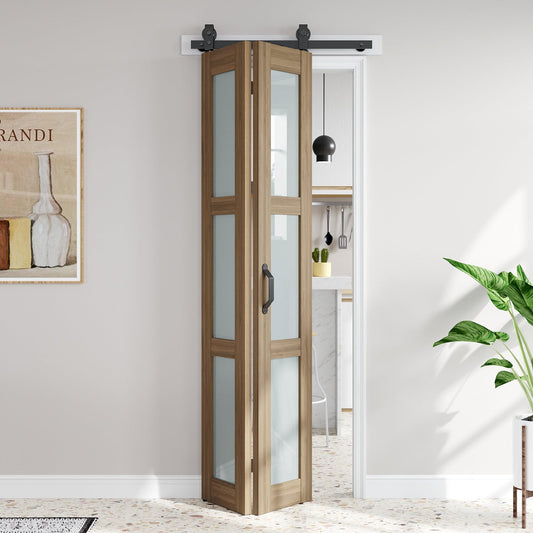 FREDBECK Glass Bifold Barn Doors 32X84(Double 16x84) with Hardware Kit Included, Brown,Water-Proof PVC Surface for Bedroom,Bathroom,Assembly Required