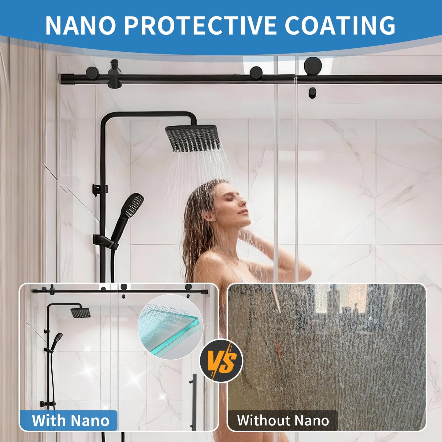 LetLuck 56-60" W x 76" H Frameless Shower Door, with Explosion-Proof Nano Coating, Matte Black Hardware, 5/16" (8mm) Thickness SGCC Certified Tempered Glass - Ideal for Walk-in Showers