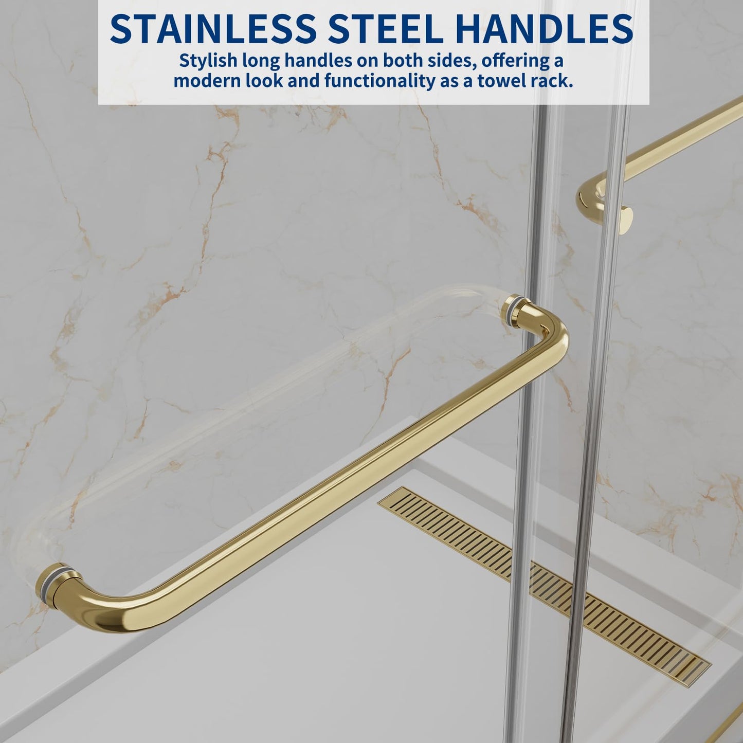 JONIVRAT 56-60" W x 76" H Double Sliding Shower Door, 5/16" (8mm) Clear Tempered Glass, Nano Coated for Easy Cleaning, Pull Handles Towel Rack, Stainless Steel Hardware (Brushed Gold)