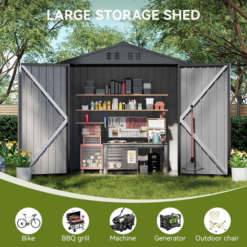 COMHOMA Shed Outdoor Storage Shed Metal,Lockable Doors Tool Sheds with Sloping Roof,Steel Garden Shed with Air Vent for Backyard,Patio,Lawn,Poolside(Grey,8'x6')