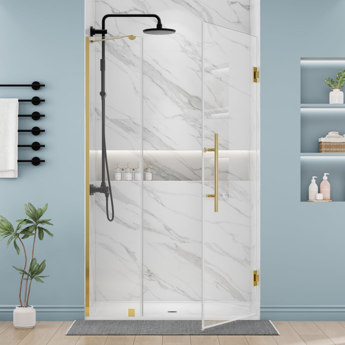 DELAVIN 40-40.5" W x 72" H Frameless Glass Shower Door Adjustable, Hinged Shower Door with Ultra Clear Tempered Glass, Explosion-Proof Film, Pivot Shower Door with Seal Strip and Handle, Gold