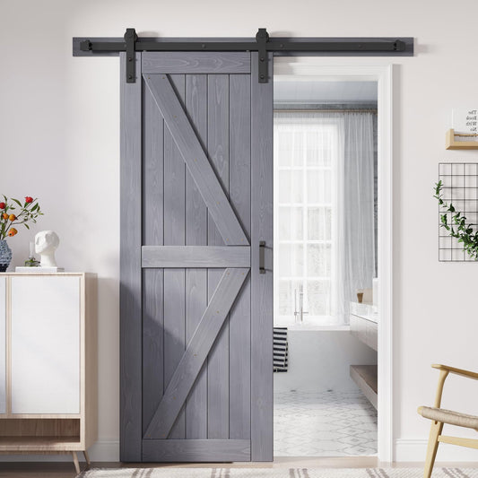 FREDBECK 30in x 80in Gray Wood Barn Door Slab with 5ft (60inch) Barn Door Hardware Track Kit Included, Double Surfaces,Simple Assembly is Required,K-Frame,Grey