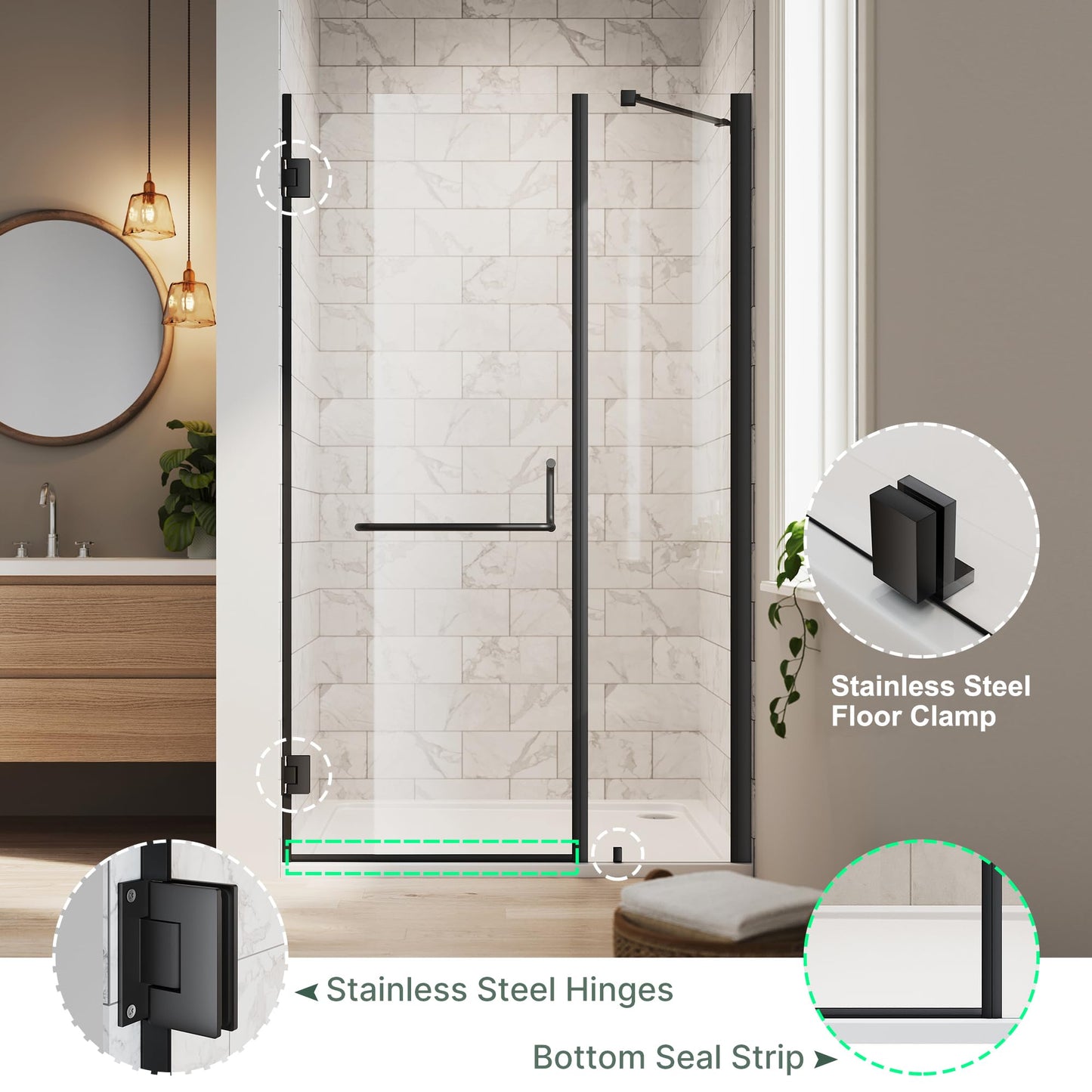 ELEGANT Frameless Shower Door 44'' W x 72'' H, Pivot Swing Glass Shower Door with 1/4'' Tempered Glass, Matte Black