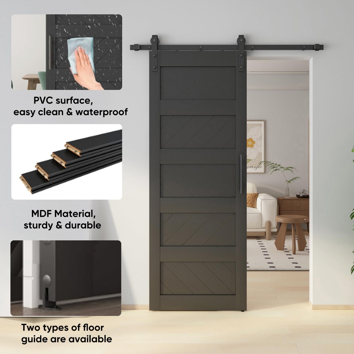 JUBEST 30" x 80" Barn Doors, Slding Barn Door Kit Wave Shape Door Panel with Hardware Kit Include, MDF Board & PVC Covered, Easy Installation, Black