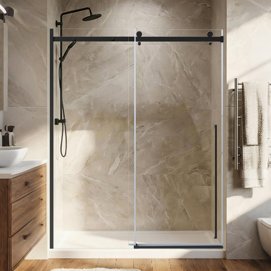 MORVANO Glass Shower Door 56-60" W x 75" H,Sliding Shower Door with 5/16" (8mm) Clear Tempered Glass,Black Glass Door with Explosion-Proof Film,Frameless Shower Door with Reversible Installation